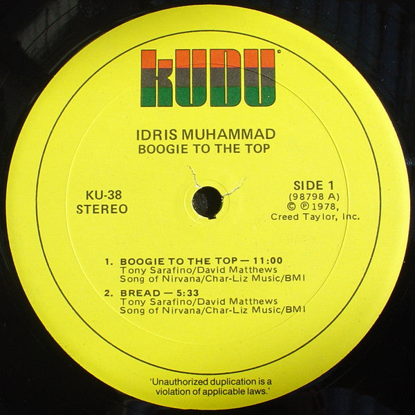 Idris Muhammad - Boogie To The Top - VG+ LP Record 1978 Kudu USA Original Vinyl - Jazz / Jazz-Funk - Shuga Records