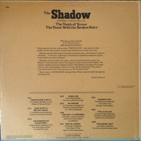 Orson Welles - The Shadow - VG+ LP Record 1977 Golden Age USA Vinyl - Radioplay - Shuga Records