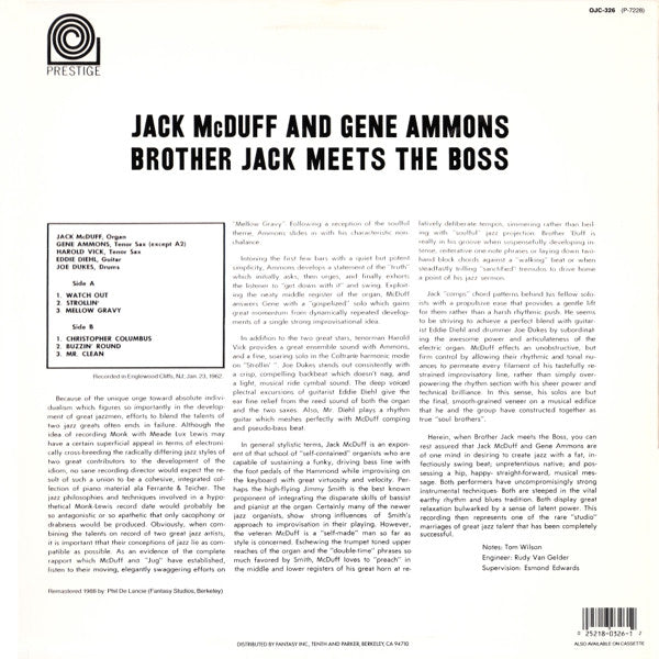 Jack McDuff And Gene Ammons - Brother Jack Meets The Boss (1962) - Mint- LP Record 1988 Prestige Original Jazz Classics USA Vinyl - Jazz / Soul-Jazz - Shuga Records