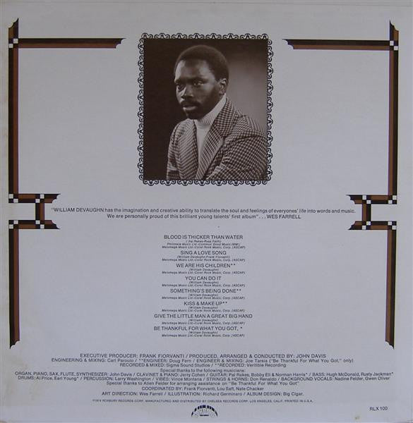 William DeVaughn - Be Thankful for What You Got - VG (VG- cover) LP Record 1974 Roxbury USA Original Vinyl - Soul / Funk - Shuga Records