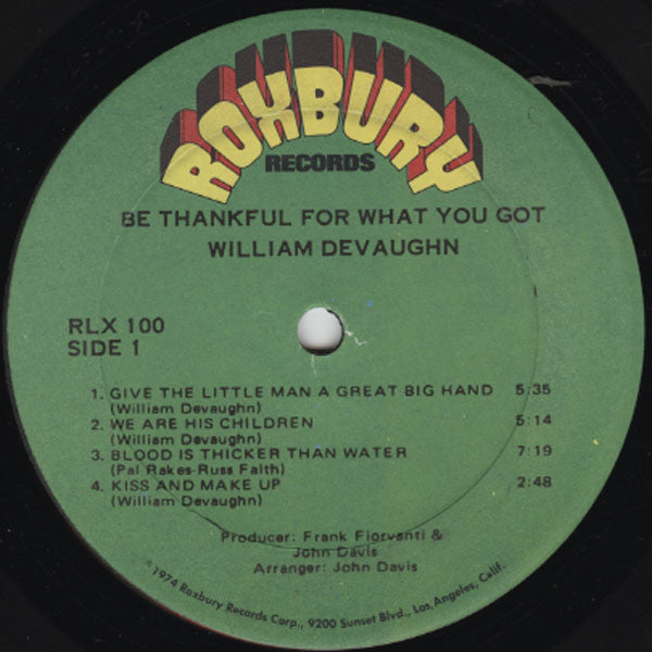 William DeVaughn - Be Thankful for What You Got - VG (VG- cover) LP Record 1974 Roxbury USA Original Vinyl - Soul / Funk - Shuga Records