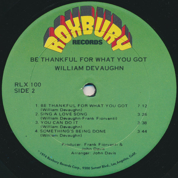 William DeVaughn - Be Thankful for What You Got - VG (VG- cover) LP Record 1974 Roxbury USA Original Vinyl - Soul / Funk - Shuga Records
