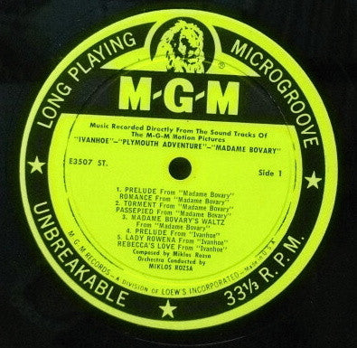Miklos Rozsa - Music Recorded Directly From The Sound Tracks Of The MGM Motion Pictures: Ivanhoe / Plymouth Adventure / Madame Bovary - VG+ LP Record 1957 MGM USA Mono Vinyl - Soundtrack - Shuga Records
