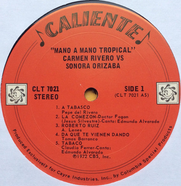 Carmen Rivero, Sonora Orizaba – Mano A Mano Tropical - VG+ LP Record 1973 Caliente USA Vinyl - Latin