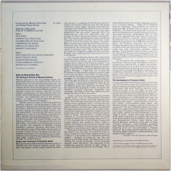 Manolo Sanlúcar - King Of Flamenco Guitar - Mint- (VG Cover) LP Record 1975 Columbia USA Promo Vinyl - Latin / Flamenco - Shuga Records