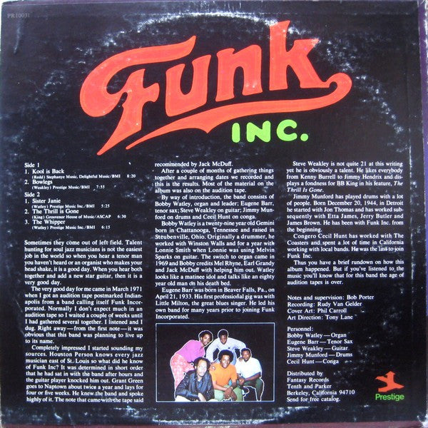 Funk Inc. - Funk Inc. (1971) - VG- (lower grade) LP Record 1971 Prestige USA Original Vinyl RARE - Jazz / Jazz-Funk - Shuga Records