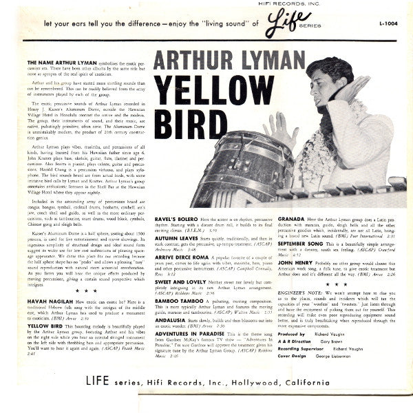 Arthur Lyman - Yellow Bird Percussion Spectacular! - VG+ LP Record 1961 HiFi USA Vinyl - Jazz / Space-Age / Exotica / Pacific - Shuga Records