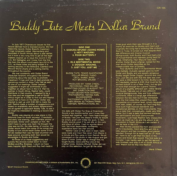 Buddy Tate Meets Dollar Brand - VG+ LP Record 1977 Chiaroscuro USA Original Vinyl - Jazz / Bop / Swing - Shuga Records