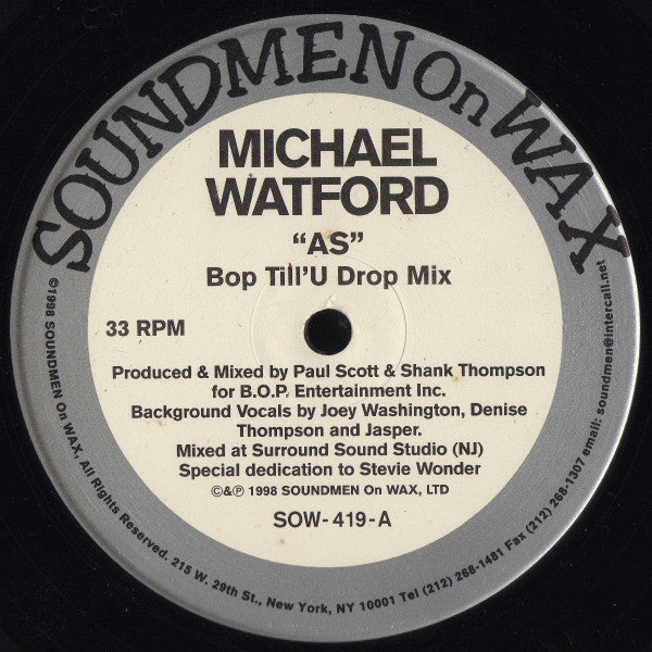 Michael Watford - As - Mint- 12" Single Record 1998 Soundmen On Wax USA Vinyl - House / Garage House - Shuga Records