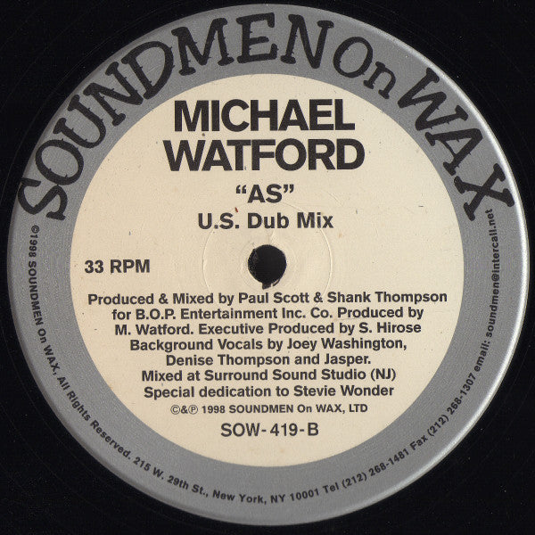 Michael Watford - As - Mint- 12" Single Record 1998 Soundmen On Wax USA Vinyl - House / Garage House - Shuga Records
