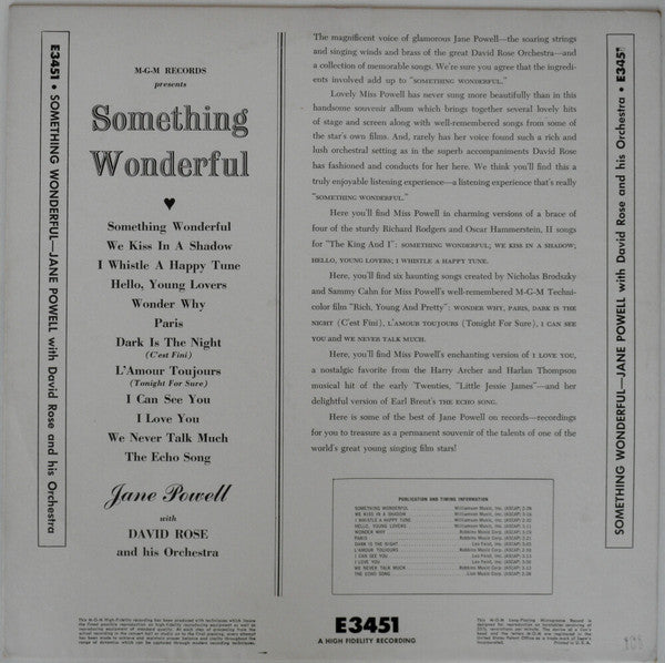 Jane Powell With David Rose & His Orchestra - Something Wonderful - VG+ LP Record 1956 MGM USA Mono Vinyl - Jazz / Pop / Vocal - Shuga Records