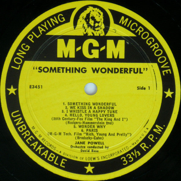Jane Powell With David Rose & His Orchestra - Something Wonderful - VG+ LP Record 1956 MGM USA Mono Vinyl - Jazz / Pop / Vocal - Shuga Records