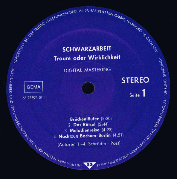 Schwarzarbeit – Traum Oder Wirklichkeit - Mint- LP Record 1983 Self Released Germany Vinyl & Insert - Prog Rock - Shuga Records