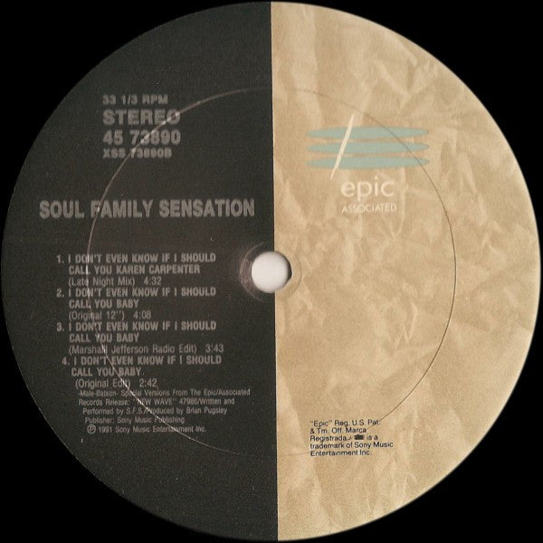 Soul Family Sensation - I Don't Even Know If I Should Call You Baby (Marshall Jefferson Remixes) - Mint- 12" Single Record 1991 Epic USA Vinyl - Chicago House / Deep House