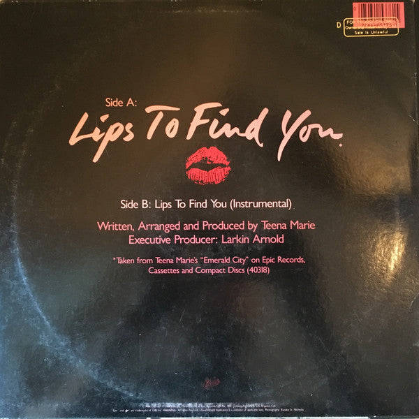 Teena Marie - Lips To Find You - VG+ 12" Single Record 1986 Epic USA Promo Vinyl - Synth-pop / Funk - Shuga Records