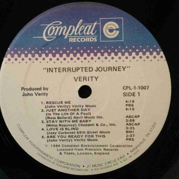 Verity - Interrupted Journey - VG+ LP Record 1984 Compleat USA Promo Vinyl & Insert - Hard Rock