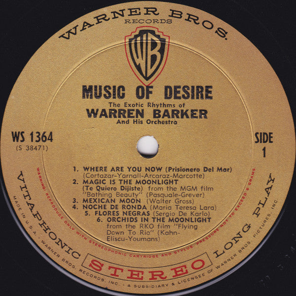 The Exotic Rhythms Of Warren Barker - Music Of Desire - VG+ LP Record 1960 Warner USA Original Vinyl - Jazz / Latin / Exotica / Space-Age - Shuga Records