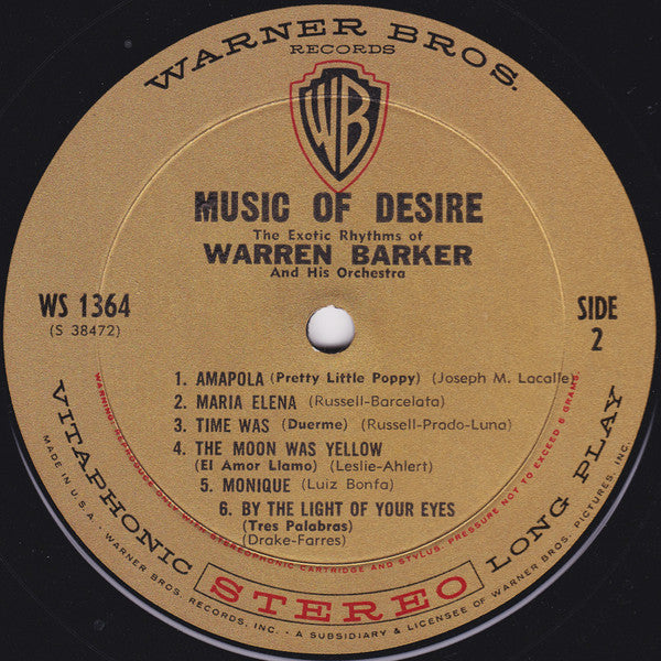 The Exotic Rhythms Of Warren Barker - Music Of Desire - VG+ LP Record 1960 Warner USA Original Vinyl - Jazz / Latin / Exotica / Space-Age - Shuga Records