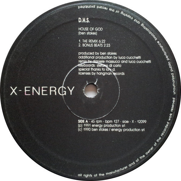 D.H.S. - The House Of God (Remix) - VG- (low grade) 12" Single Record 1991 X-Energy Italy Original Vinyl - Techno / Tech House - Shuga Records