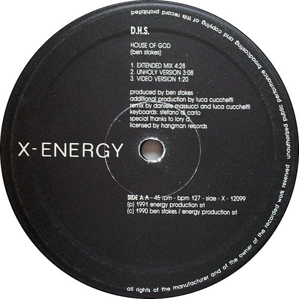 D.H.S. - The House Of God (Remix) - VG- (low grade) 12" Single Record 1991 X-Energy Italy Original Vinyl - Techno / Tech House - Shuga Records