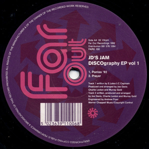JD's Jam - DISCOgraphy EP Vol. 1 - VG 12" Single Record 1992 Far Out Recordings UK Vinyl - House / Deep House