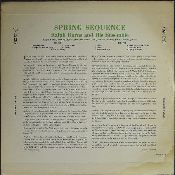 Ralph Burns And His Ensemble – Spring Sequence - VG+ LP Record 1956 Jazztone USA Vinyl - Cool Jazz - Shuga Records