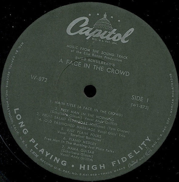 Tom Glazer And Budd Schulberg – A Face In The Crowd: Music From - VG+ LP Record 1957 Capitol USA Vinyl - Soundtrack - Shuga Records