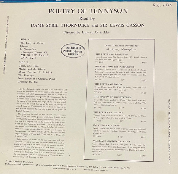 Dame Sybil Thorndike & Sir Lewis Casson - Poetry Of Tennyson - Mint- LP Record 1957 Caedmon USA Vinyl - Poetry / Spoken Word - Shuga Records
