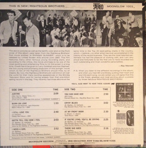 The Righteous Brothers - This Is New! - VG+ LP Record 1965 Moonglow Stereo USA Vinyl - Pop Rock - Shuga Records