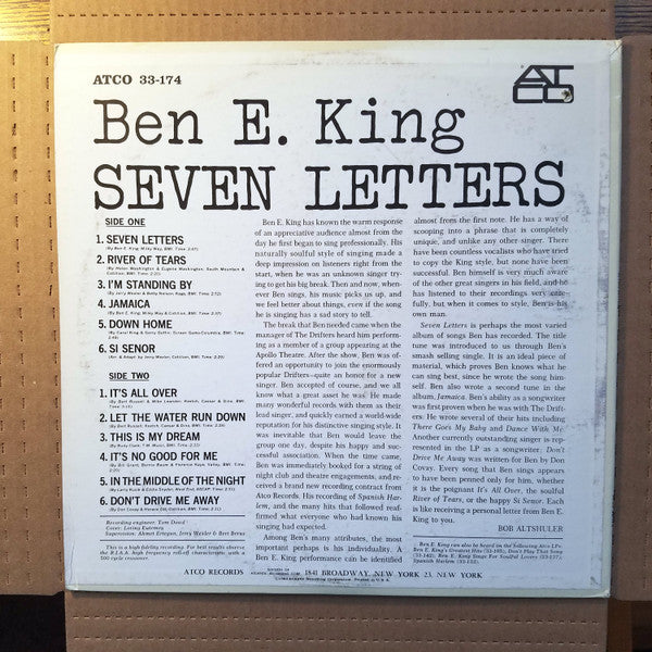 Ben E. King - Seven Letters - VG+ LP Record 1964 ATCO USA Original Vinyl - Soul / R&B - Shuga Records