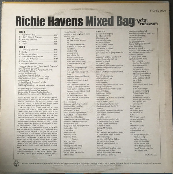Richie Havens ‎– Mixed Bag - VG+ LP Record 1968 Verve Forecast USA Vinyl - Folk Rock - Shuga Records
