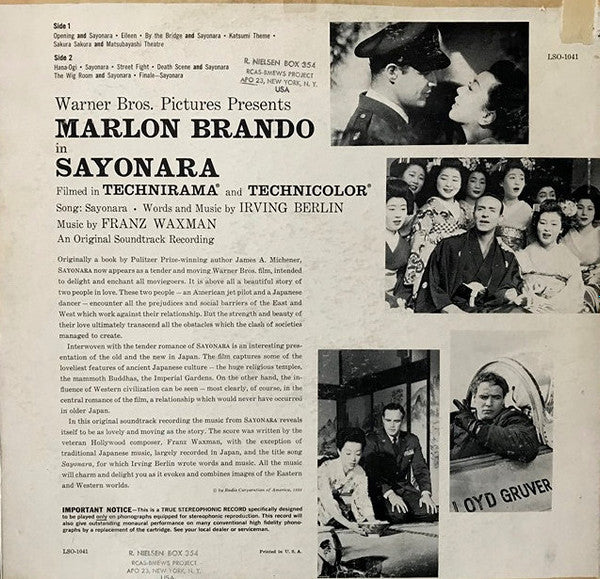 Franz Waxman / Marlon Brando - Sayonara: An Original Recording - VG+ LP Record 1958 RCA Living Stereo USA Vinyl - Soundtrack - Shuga Records