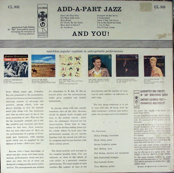 Milton Delugg And The All-Stars - Add-A-Part Jazz - Mint- LP Record 1956 Columbia USA Mono 6 Eye Label Original Vinyl & Sheet Music Insert - Jazz / Bop / Swing - Shuga Records