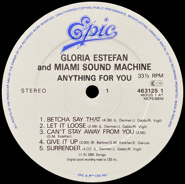 Gloria Estefan And Miami Sound Machine - Anything For You - VG+ LP Record 1988 Epic UK Vinyl & Insert - Synth-pop / Dance-Pop - Shuga Records