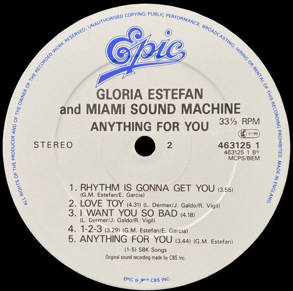 Gloria Estefan And Miami Sound Machine - Anything For You - VG+ LP Record 1988 Epic UK Vinyl & Insert - Synth-pop / Dance-Pop - Shuga Records