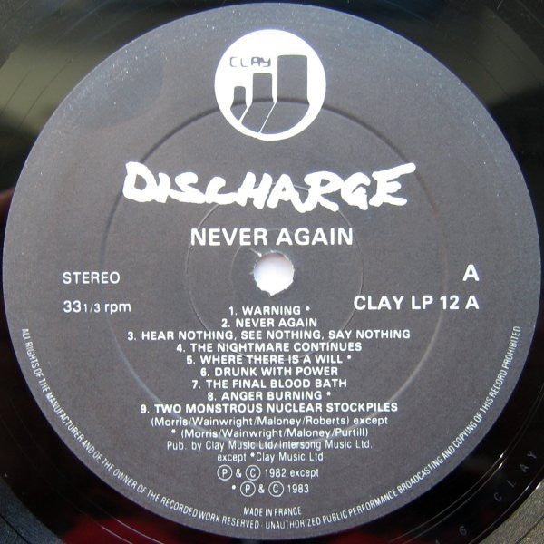 Discharge - Never Again - Mint- LP Record 1984 Clay UK/France Original Vinyl - Hardcore / Punk Rock - Shuga Records