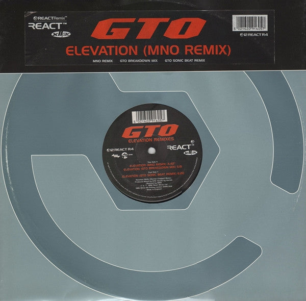 GTO - Elevation Remixes - VG+ 12" Single Record 1992 React UK Vinyl - Techno / Acid / Hardcore