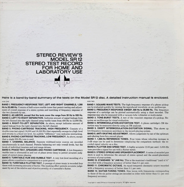 Unknown Artist - Stereo Review's Stereo Test Record (Model SR 12) - Mint- LP Record 1969 HiFi Stereo Review USA Vinyl & 2x Booklets - Non-Music / Classical / Technical - Shuga Records