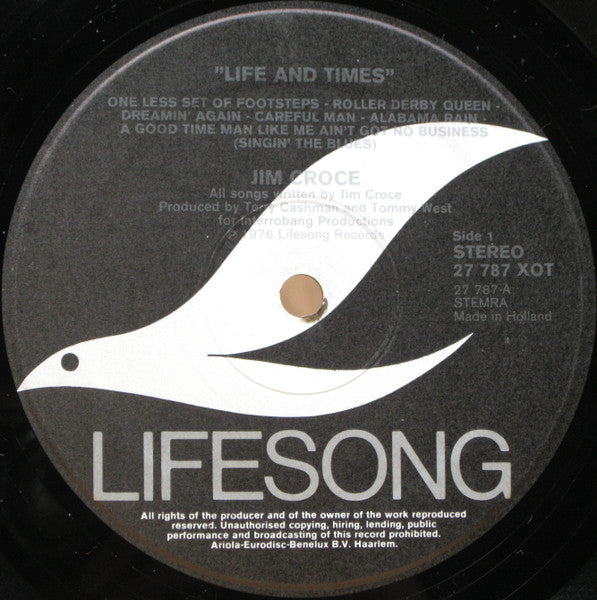 Jim Croce - Life and Times (1973) - VG+ LP Record 1976 Lifesong Netherlands Vinyl - Soft Rock / Pop Rock - Shuga Records
