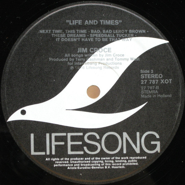 Jim Croce - Life and Times (1973) - VG+ LP Record 1976 Lifesong Netherlands Vinyl - Soft Rock / Pop Rock - Shuga Records
