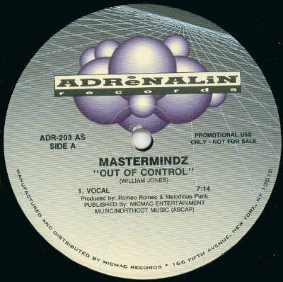 Mastermindz - Out Of Control - VG+ 12" Single Record 1993 Adrenalin USA Vinyl Promo - Techno / Breakbeat