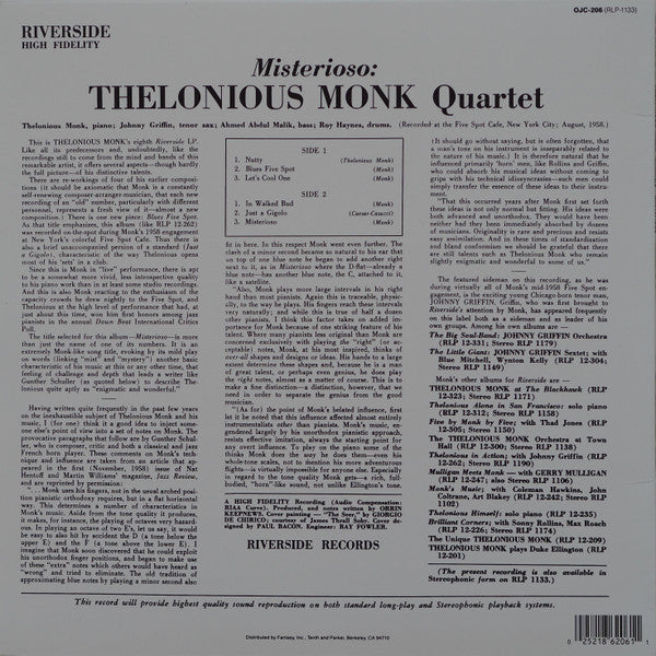 The Thelonious Monk Quartet - Misterioso (1958) - New LP Record 2012 Riverside Original Jazz Classics Vinyl - Jazz / Hard Bop - Shuga Records