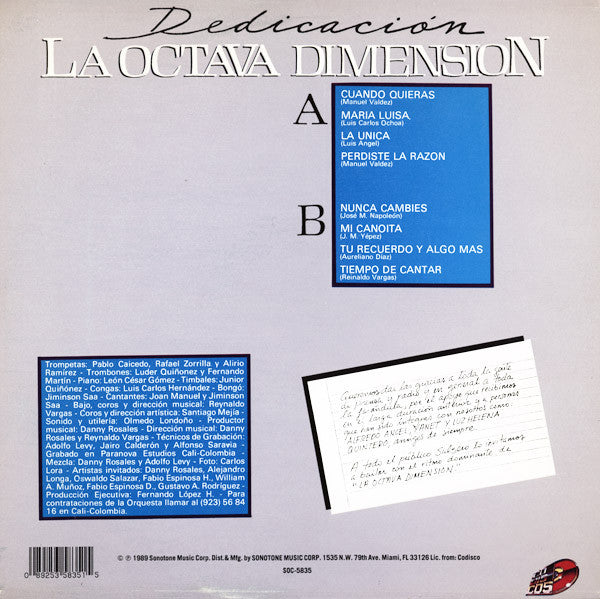La Octava Dimension - Dedicación - New LP Record 1990 Zeida Codiscos USA Vinyl - Latin / Salsa - Shuga Records