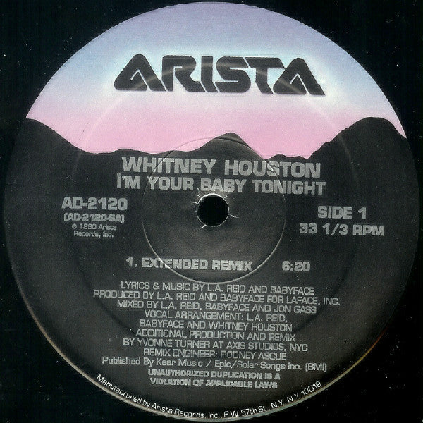 Whitney Houston - I'm Your Baby Tonight - VG+ 12" Single Record 1990 Arista USA Vinyl - Synth-pop / House / R&B - Shuga Records