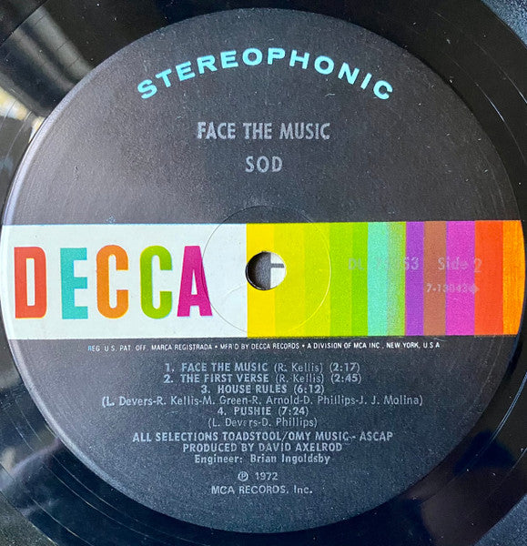 SOD - Face The Music - Mint- LP Record 1972 Deccca USA Vinyl & Insert - Psychedelic Rock / Soul / Funk