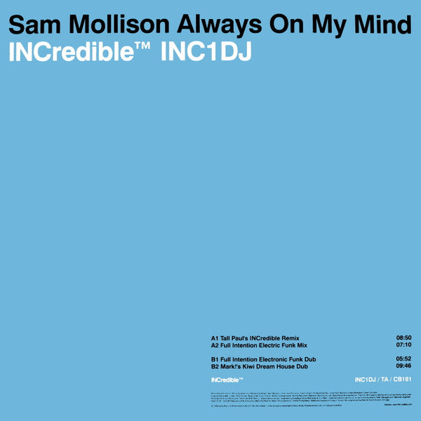 Sam Mollison - Always On My Mind - VG+ (VG cover) 12" Single Record 1998 INCredible UK Vinyl - House - Shuga Records