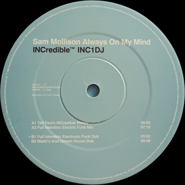 Sam Mollison - Always On My Mind - VG+ (VG cover) 12" Single Record 1998 INCredible UK Vinyl - House - Shuga Records