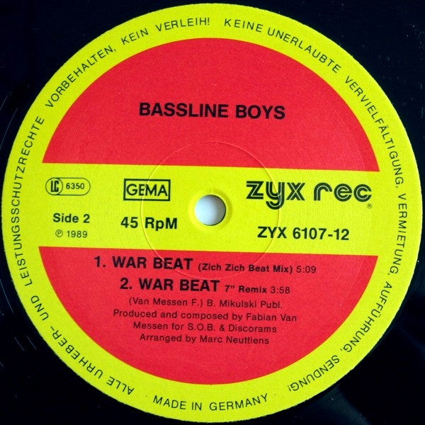Bassline Boys - Warbeat - Mint- 12" Single Record 1989 ZYX Germany Vinyl - Acid House / New Beat - Shuga Records