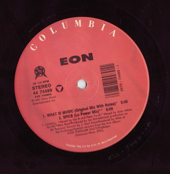 Eon - What Is Music / Spice (Juan Atkins Mix) - Mint- 12" Single Record 1992 Columbia USA Vinyl - Techno / Minimal / Bleep - Shuga Records