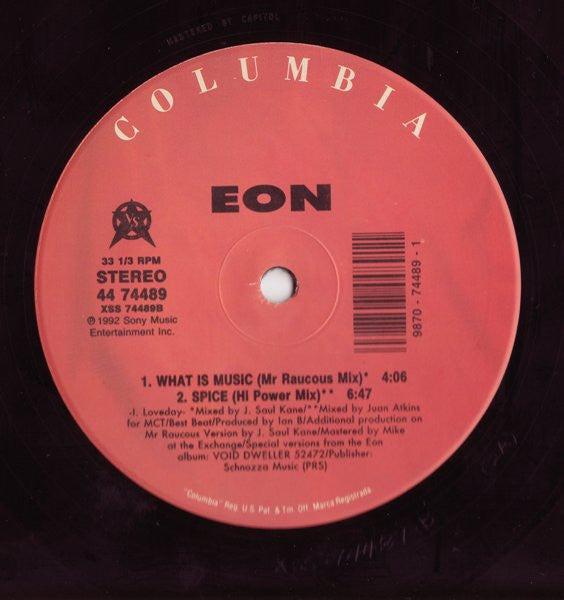 Eon - What Is Music / Spice (Juan Atkins Mix) - Mint- 12" Single Record 1992 Columbia USA Vinyl - Techno / Minimal / Bleep - Shuga Records